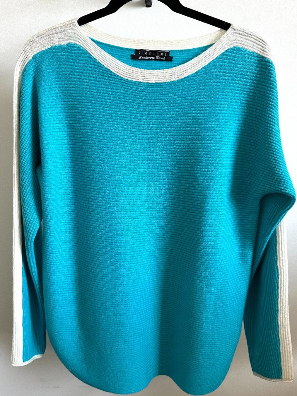 NWOT Funsport Teal Blue Ribbed Cashmere Blend Stripe Sweater Women's Medium